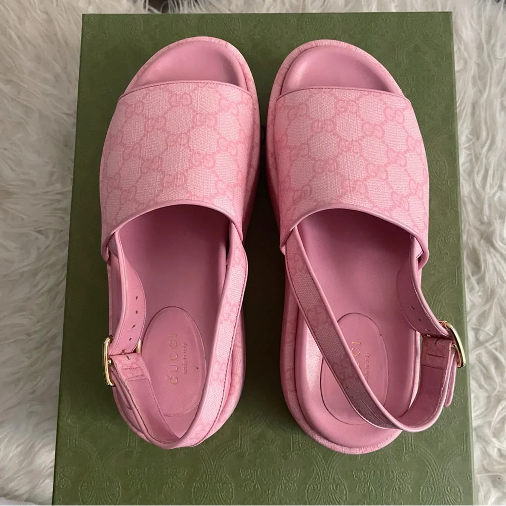 Gucci Angelina Pink GG Supreme Coated Canvas Slingback Platform Sandals 38 - Picture 7 of 16